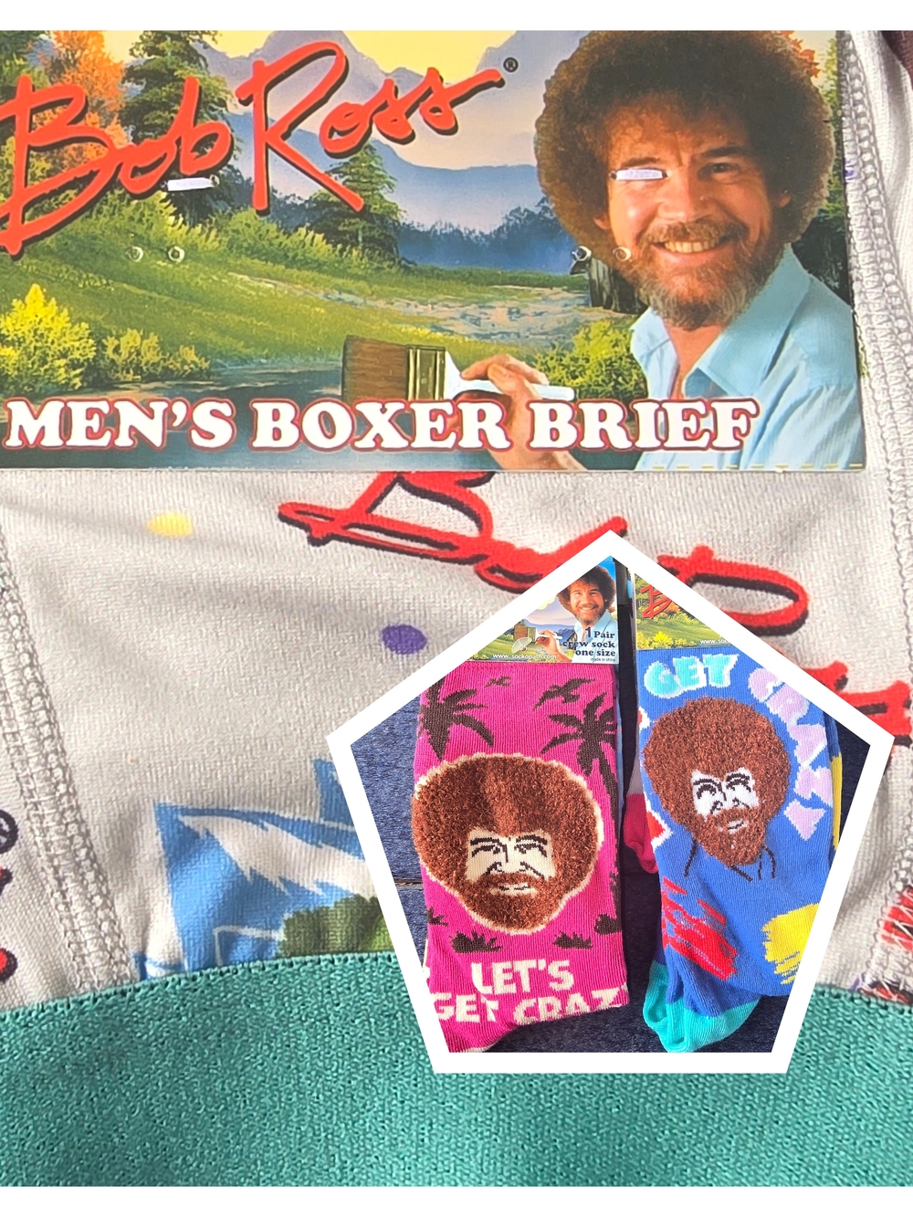 Bob Ross Bundle NWT Men’s Medium Boxer Brief + 2 Pair Unisex Socks Fuzzy Beard